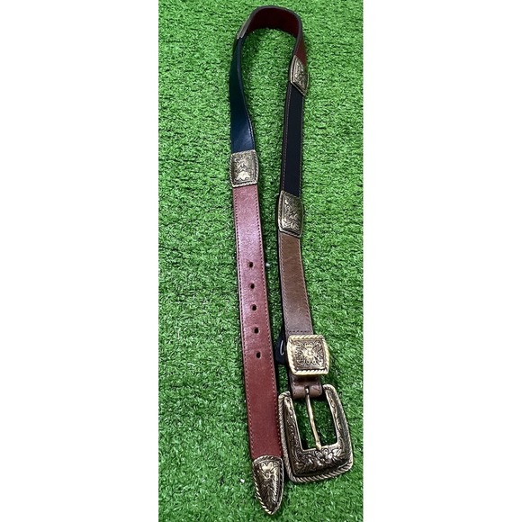 Vintage Brighton Western Boho Belt LG Floral Metal Patina Color Block 1994 EUC